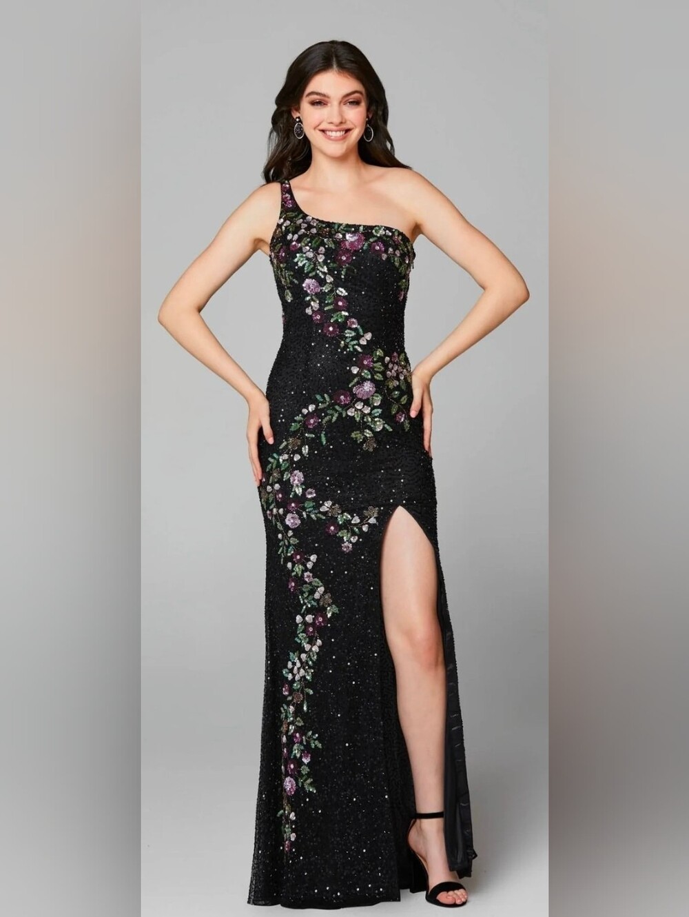 Primavera Black Multi-Color Floral Beaded Sequin Maxi Gown Dress Size 000 #3641
